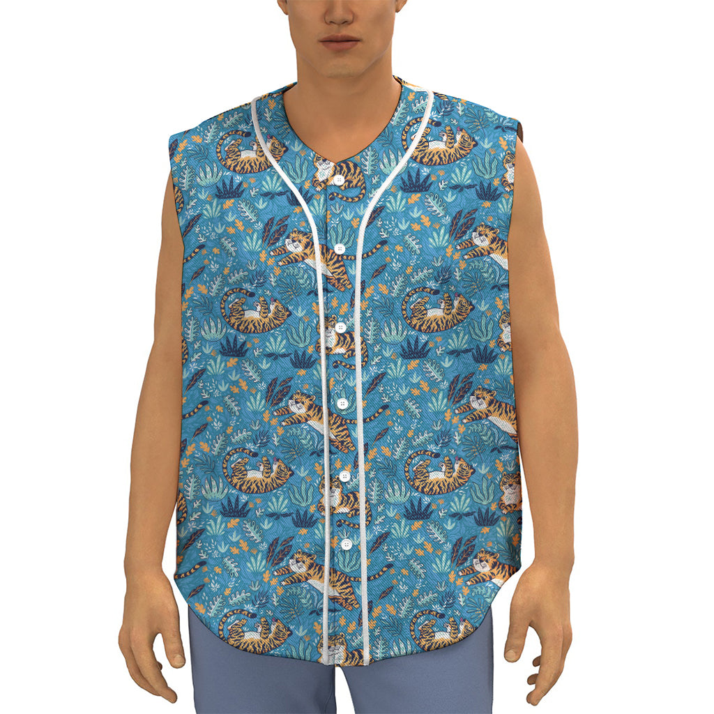 Cartoon Tiger Pattern Print Sleeveless Baseball Jersey
