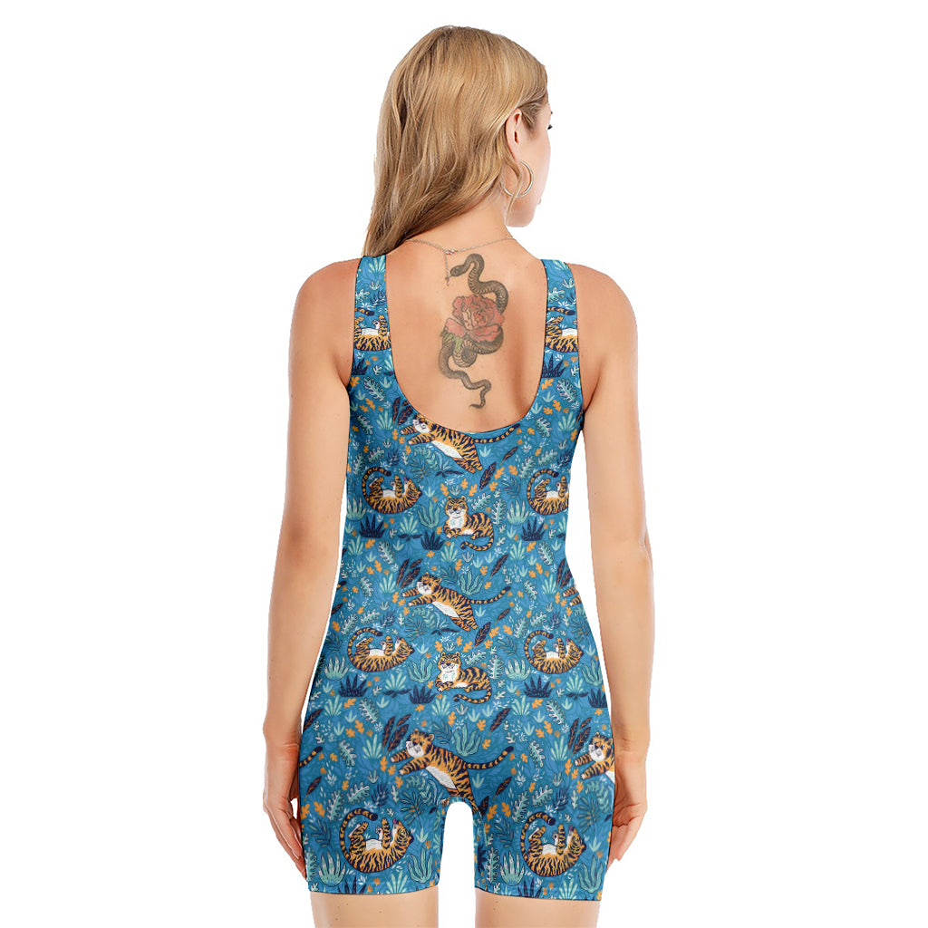 Cartoon Tiger Pattern Print Sleeveless One Piece Swimsuit