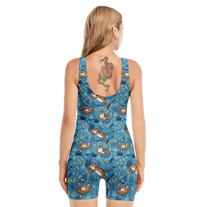 Cartoon Tiger Pattern Print Sleeveless One Piece Swimsuit