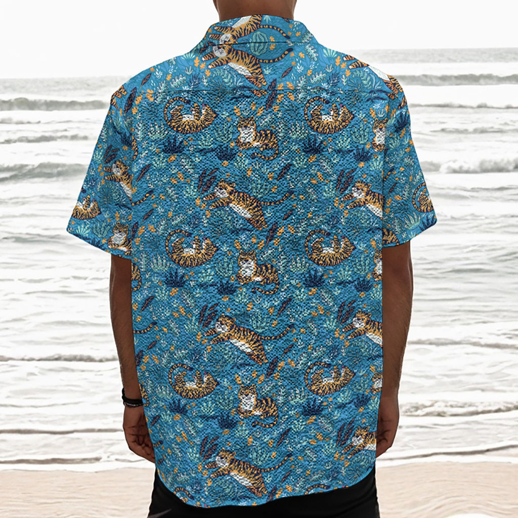 Cartoon Tiger Pattern Print Textured Short Sleeve Shirt