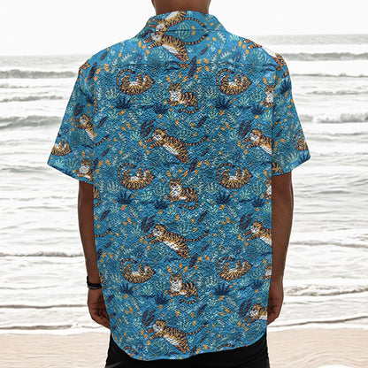 Cartoon Tiger Pattern Print Textured Short Sleeve Shirt
