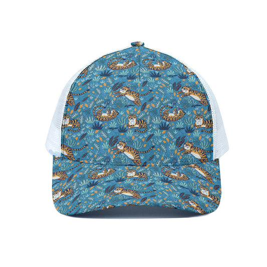 Cartoon Tiger Pattern Print White Mesh Trucker Cap