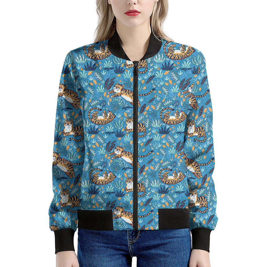 Cartoon Tiger Pattern Print Women's Bomber Jacket