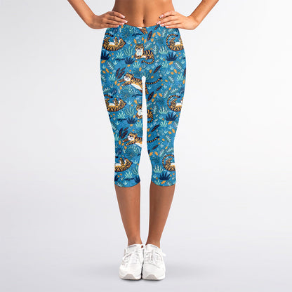 Cartoon Tiger Pattern Print Women's Capri Leggings