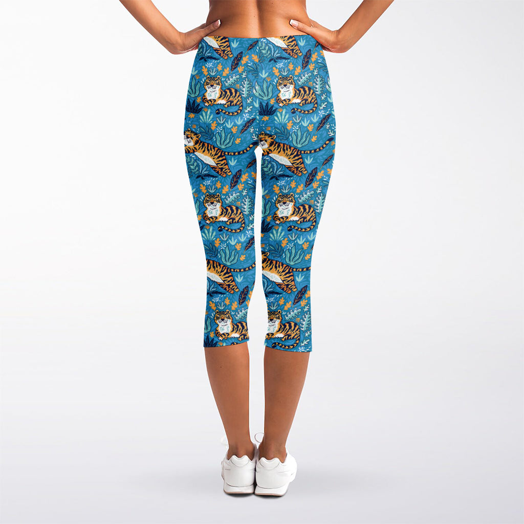 Cartoon Tiger Pattern Print Women's Capri Leggings