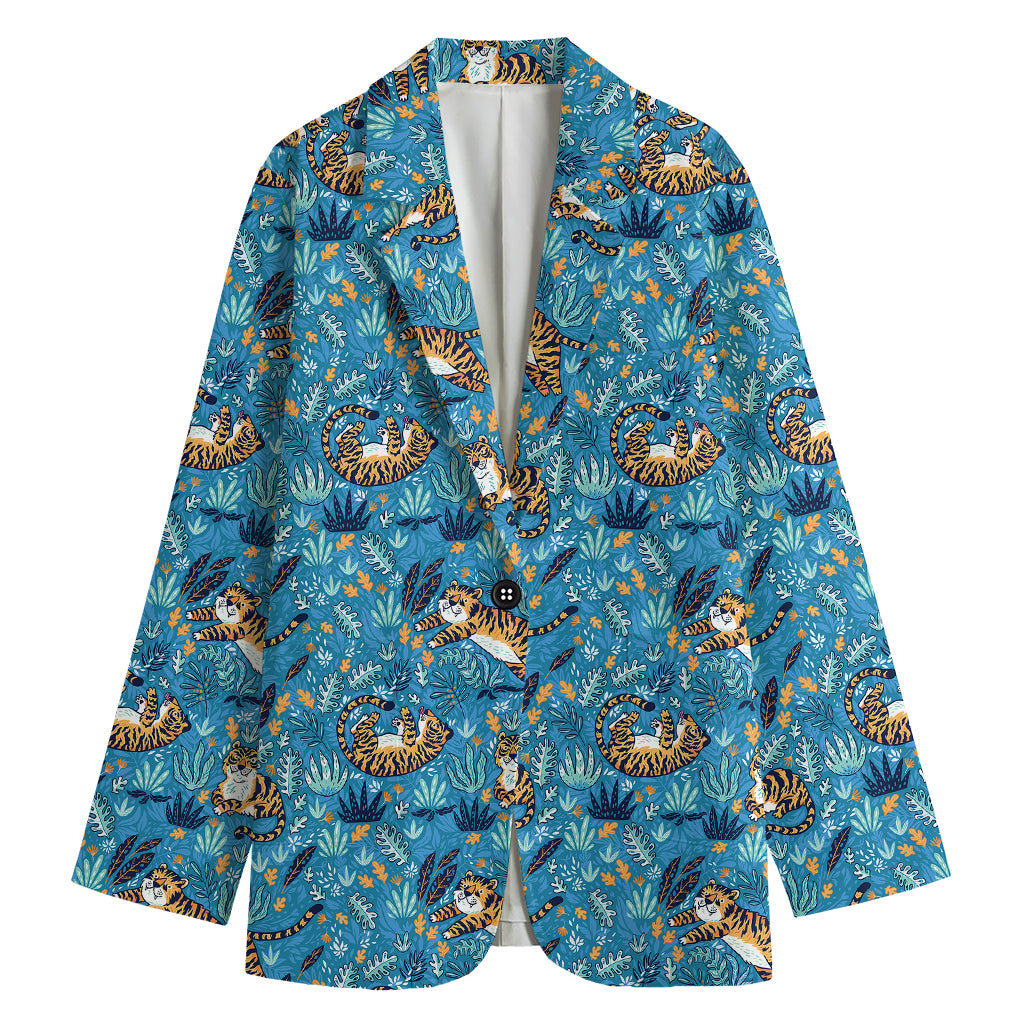 Cartoon Tiger Pattern Print Women's Cotton Blazer