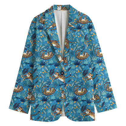 Cartoon Tiger Pattern Print Women's Cotton Blazer