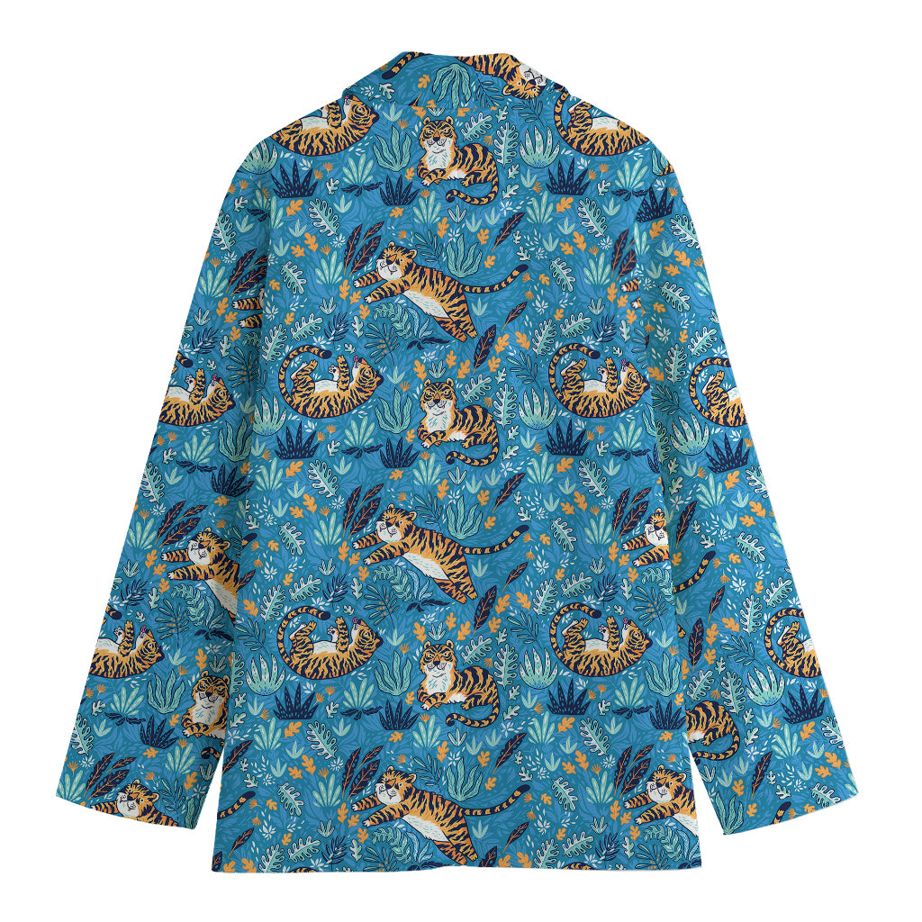 Cartoon Tiger Pattern Print Women's Cotton Blazer