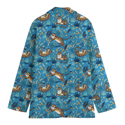 Cartoon Tiger Pattern Print Women's Cotton Blazer