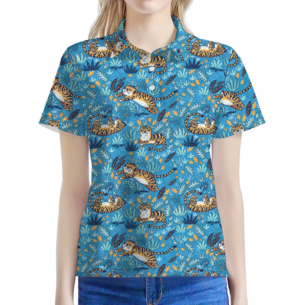 Cartoon Tiger Pattern Print Women's Polo Shirt