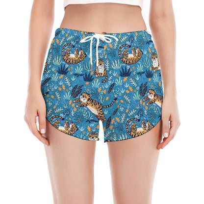 Cartoon Tiger Pattern Print Women's Split Running Shorts