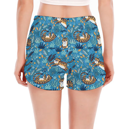 Cartoon Tiger Pattern Print Women's Split Running Shorts