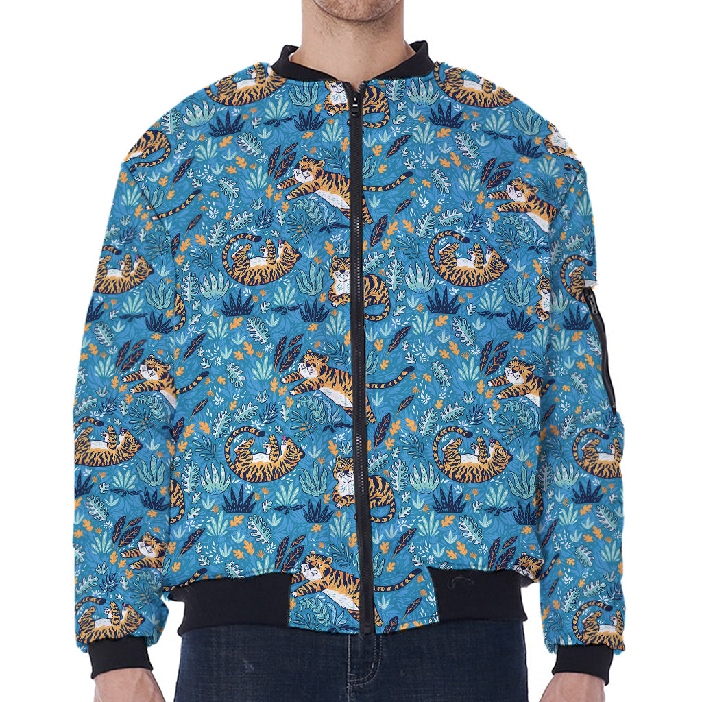 Cartoon Tiger Pattern Print Zip Sleeve Bomber Jacket