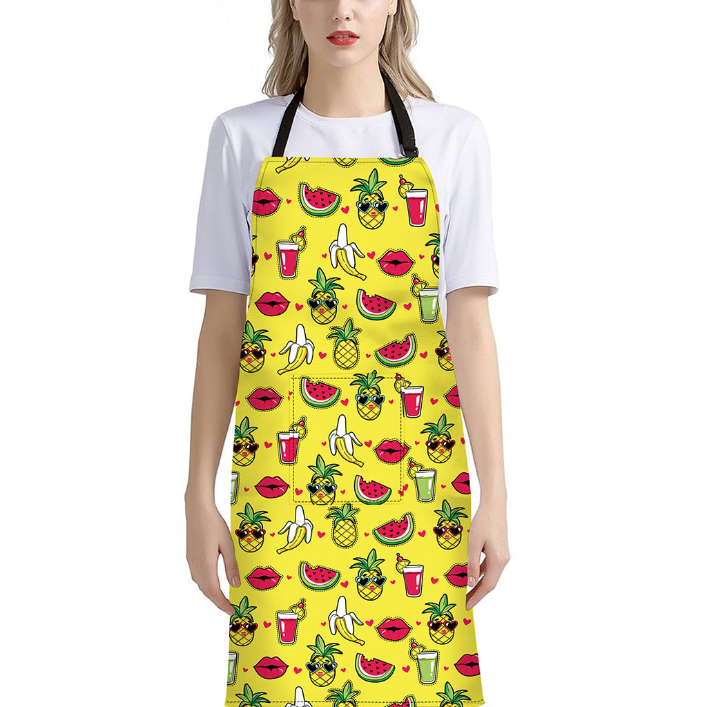 Cartoon Tropical Pattern Print Bib Apron With Pocket
