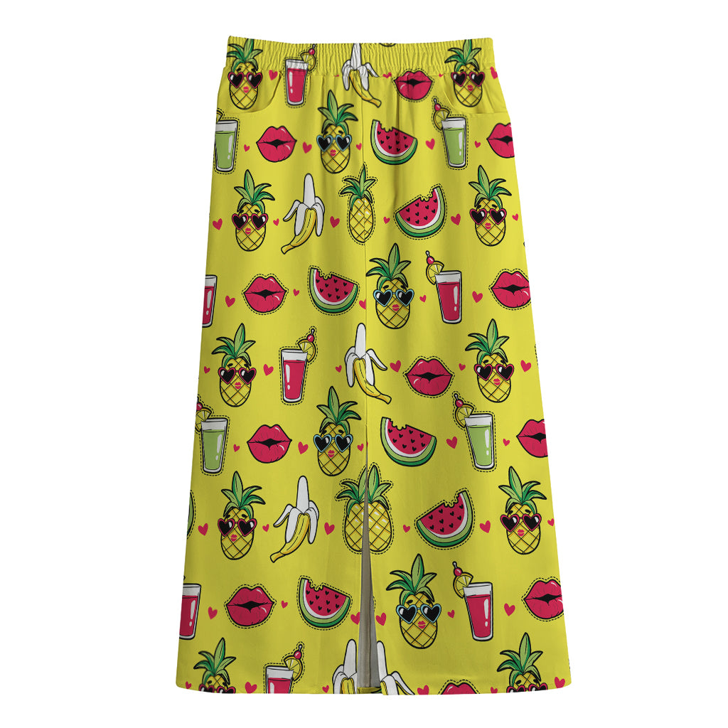 Cartoon Tropical Pattern Print Cotton Front Slit Maxi Skirt