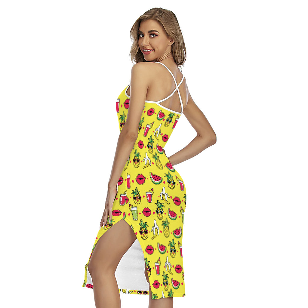 Cartoon Tropical Pattern Print Cross Back Cami Dress
