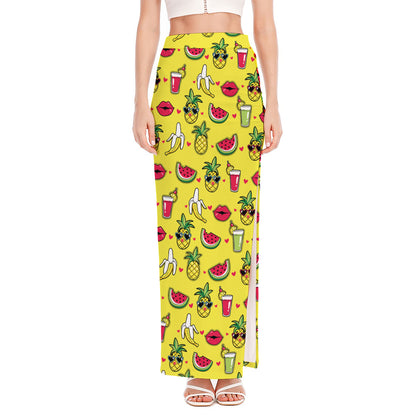 Cartoon Tropical Pattern Print High Slit Maxi Skirt