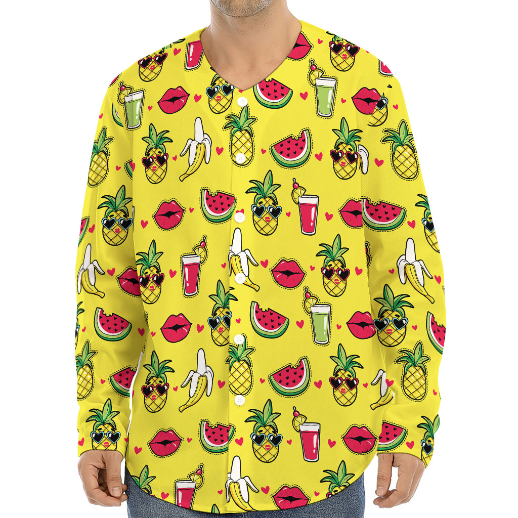 Cartoon Tropical Pattern Print Long Sleeve Baseball Jersey