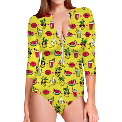 Cartoon Tropical Pattern Print Long Sleeve Swimsuit