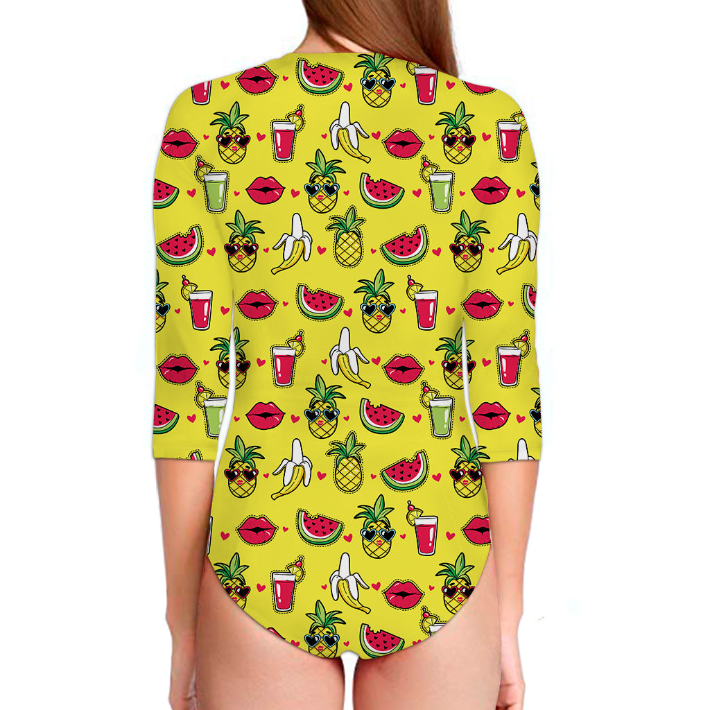 Cartoon Tropical Pattern Print Long Sleeve Swimsuit