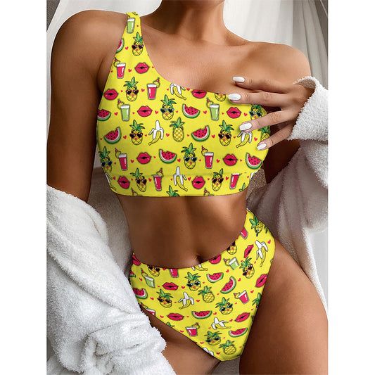 Cartoon Tropical Pattern Print One Shoulder Bikini Top