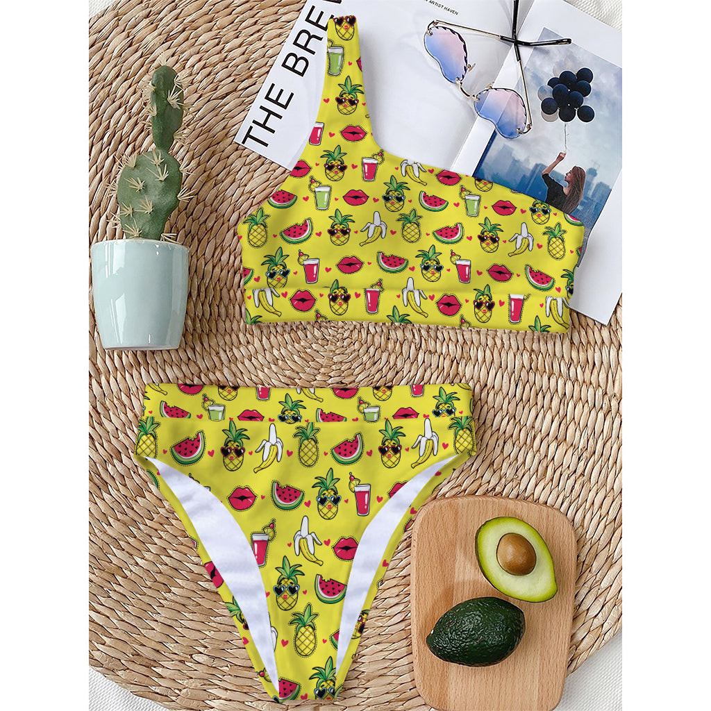 Cartoon Tropical Pattern Print One Shoulder Bikini Top