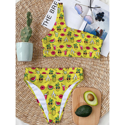 Cartoon Tropical Pattern Print One Shoulder Bikini Top