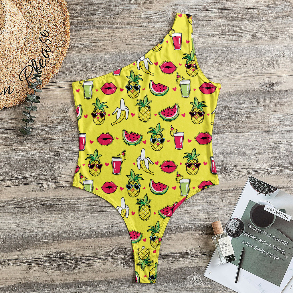 Cartoon Tropical Pattern Print One Shoulder Bodysuit