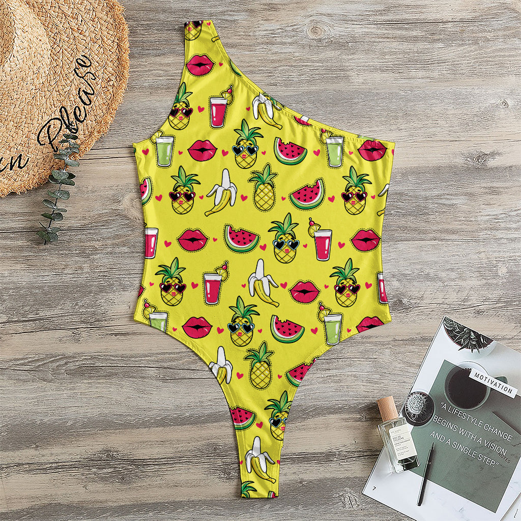 Cartoon Tropical Pattern Print One Shoulder Bodysuit