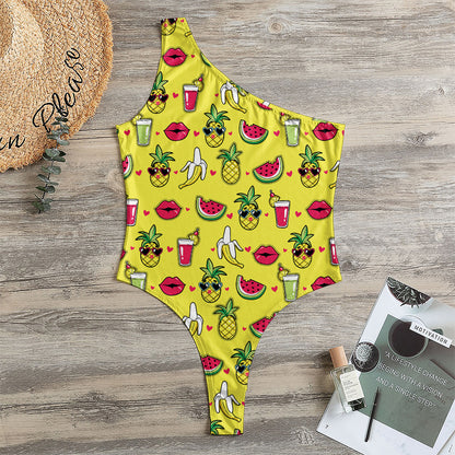 Cartoon Tropical Pattern Print One Shoulder Bodysuit