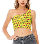 Cartoon Tropical Pattern Print One Shoulder Crop Top