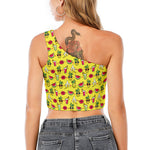 Cartoon Tropical Pattern Print One Shoulder Crop Top