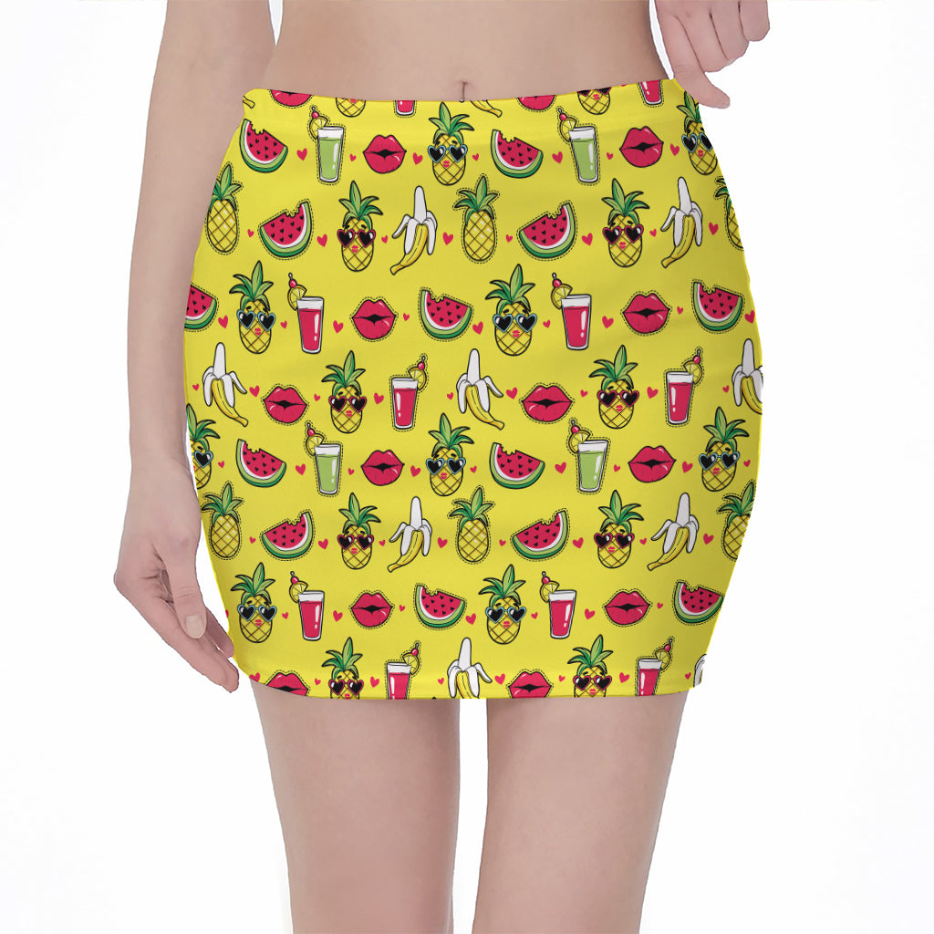 Cartoon Tropical Pattern Print Pencil Mini Skirt