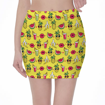 Cartoon Tropical Pattern Print Pencil Mini Skirt