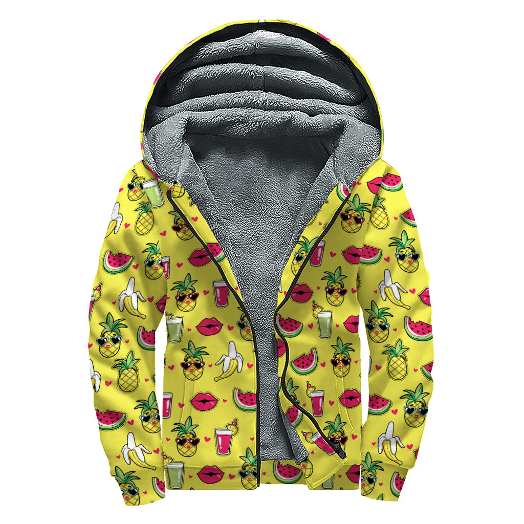 Cartoon Tropical Pattern Print Sherpa Lined Zip Up Hoodie