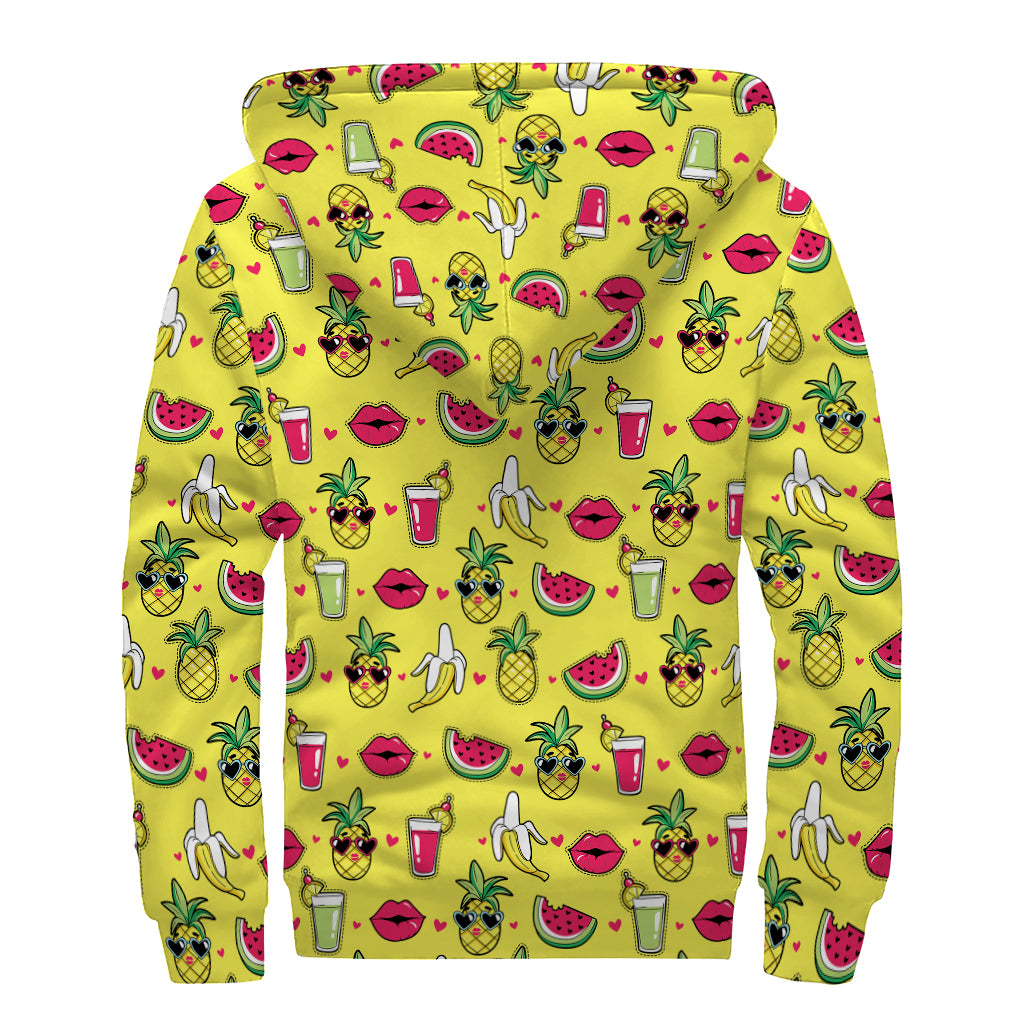 Cartoon Tropical Pattern Print Sherpa Lined Zip Up Hoodie