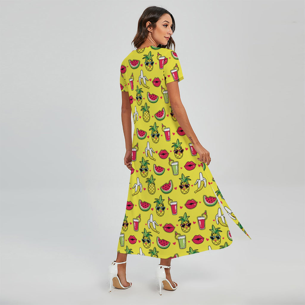 Cartoon Tropical Pattern Print Short Sleeve Maxi Dress