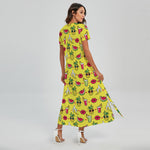 Cartoon Tropical Pattern Print Short Sleeve Maxi Dress