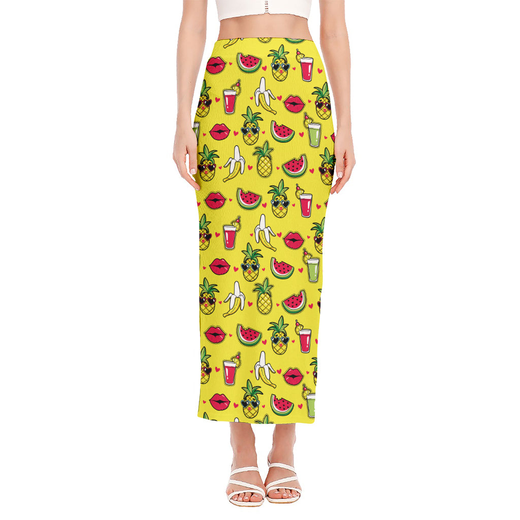 Cartoon Tropical Pattern Print Side Slit Maxi Skirt