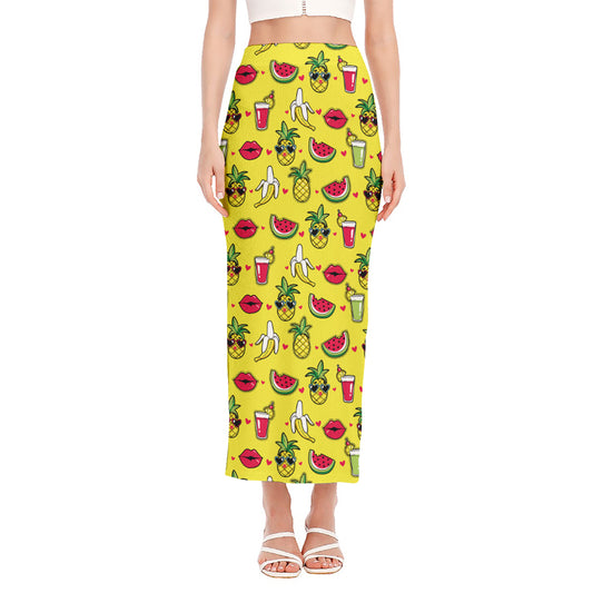 Cartoon Tropical Pattern Print Side Slit Maxi Skirt