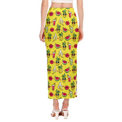 Cartoon Tropical Pattern Print Side Slit Maxi Skirt