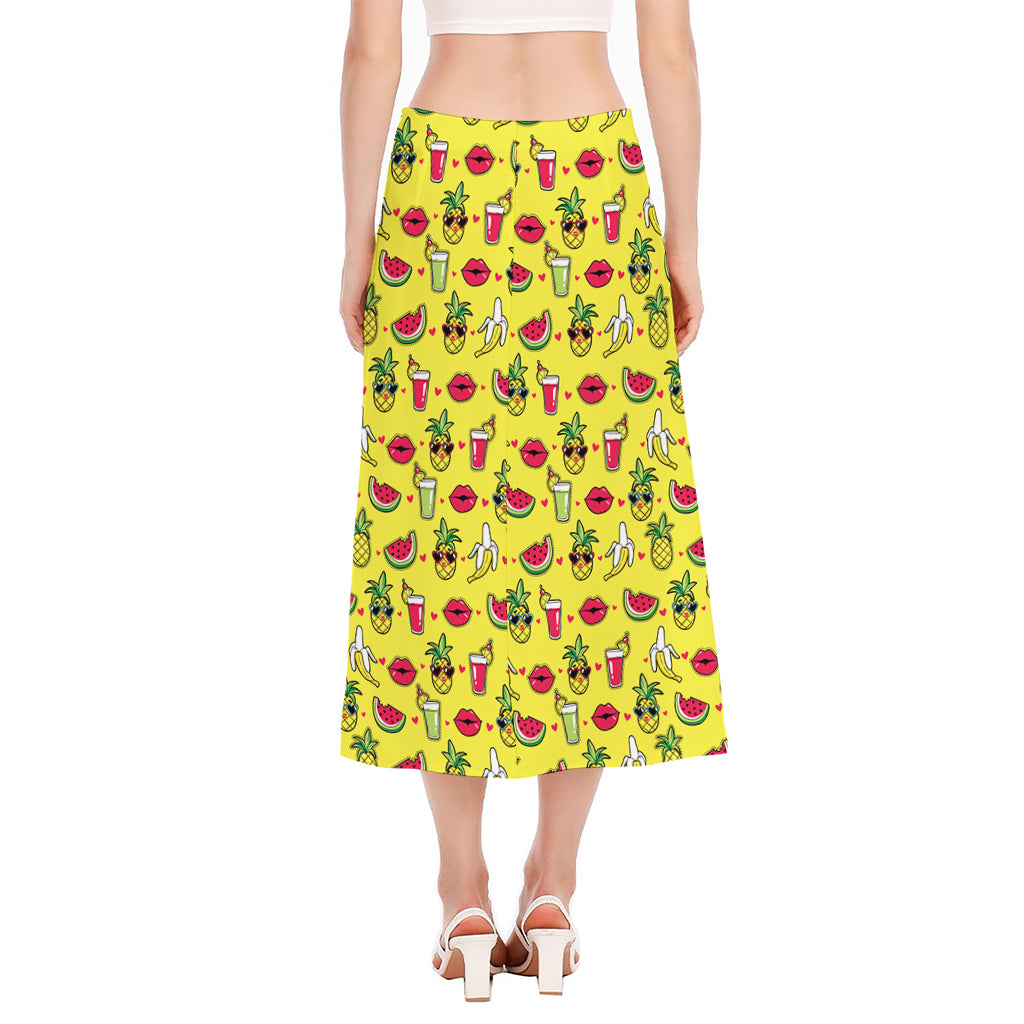 Cartoon Tropical Pattern Print Side Slit Midi Skirt