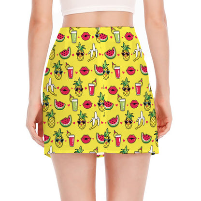 Cartoon Tropical Pattern Print Side Slit Mini Skirt