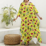 Cartoon Tropical Pattern Print Silk V-Neck Kaftan Dress