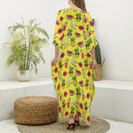 Cartoon Tropical Pattern Print Silk V-Neck Kaftan Dress