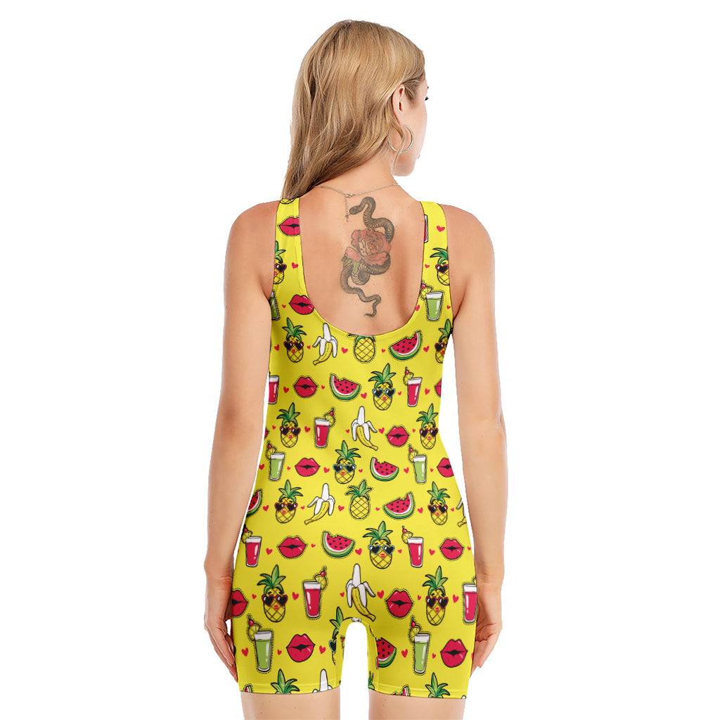Cartoon Tropical Pattern Print Sleeveless One Piece Swimsuit