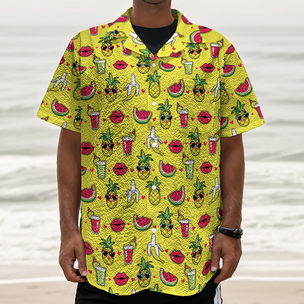 Cartoon Tropical Pattern Print Textured Short Sleeve Shirt