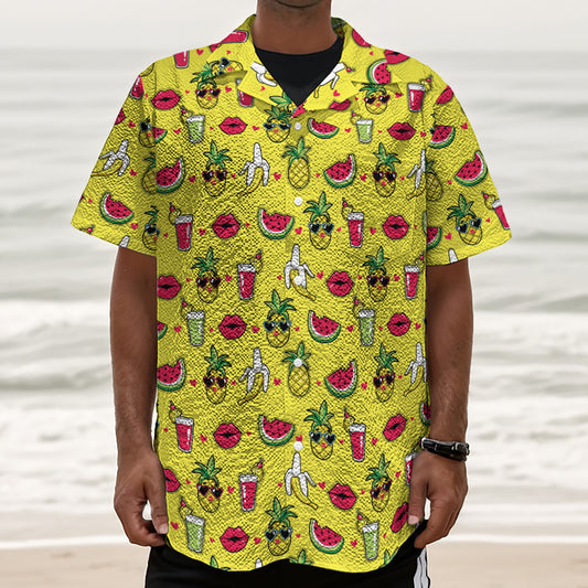 Cartoon Tropical Pattern Print Textured Short Sleeve Shirt