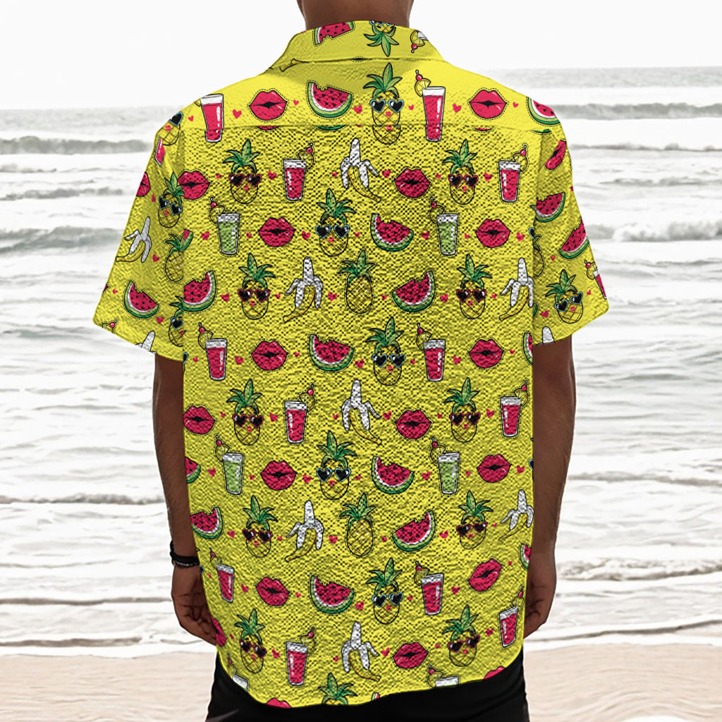 Cartoon Tropical Pattern Print Textured Short Sleeve Shirt