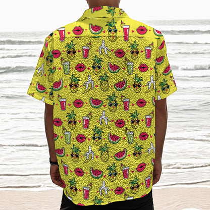 Cartoon Tropical Pattern Print Textured Short Sleeve Shirt